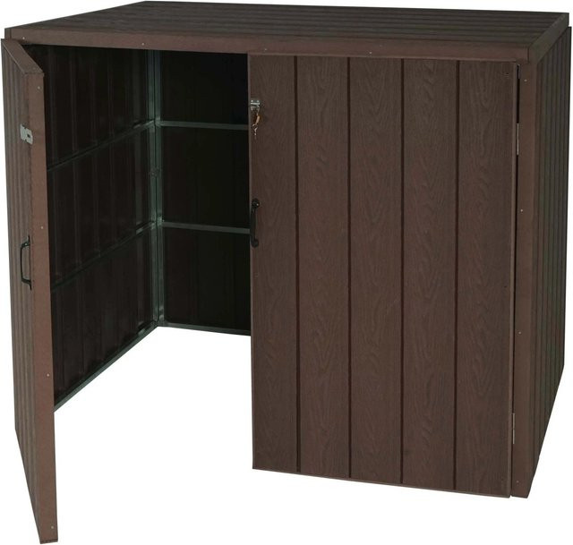 Proregal XL Mülltonnenverkleidung aus WPC und verzinktem Stahl in Braun, Erweiterbare Mülltonnenbox in Holzoptik, H x B x T: 117 x 142 x 102 cm - Bild 1