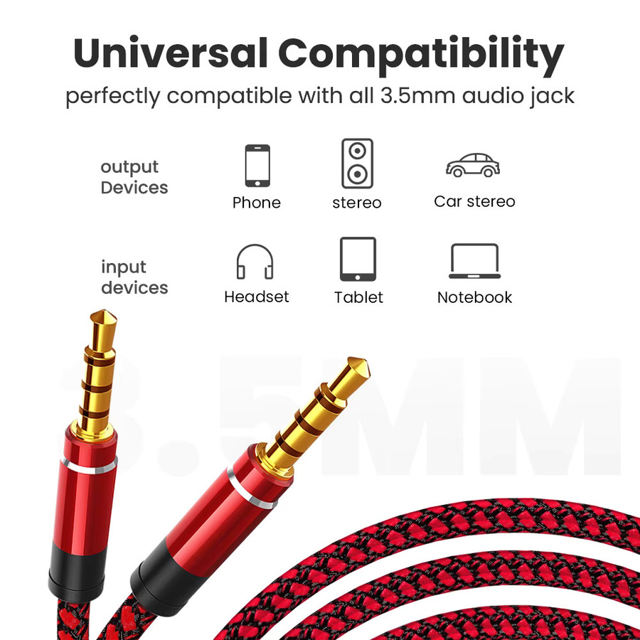 NNBILI Aux-Kabel mit 3,5 mm Klinke auf Stecker auf Stecker aus Nylon in Rot - Bild 4