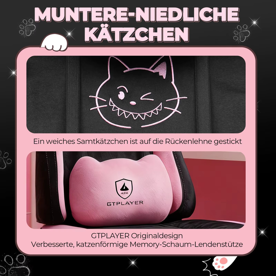 GTPLAYER Gaming Stuhl mit Katzenohren in Rosa aus Samtstoff, ergonomischer Bürostuhl für Home Office und Gaming mit Armlehnen und Kopfstütze, Belastbarkeit bis 150 kg - Bild 6