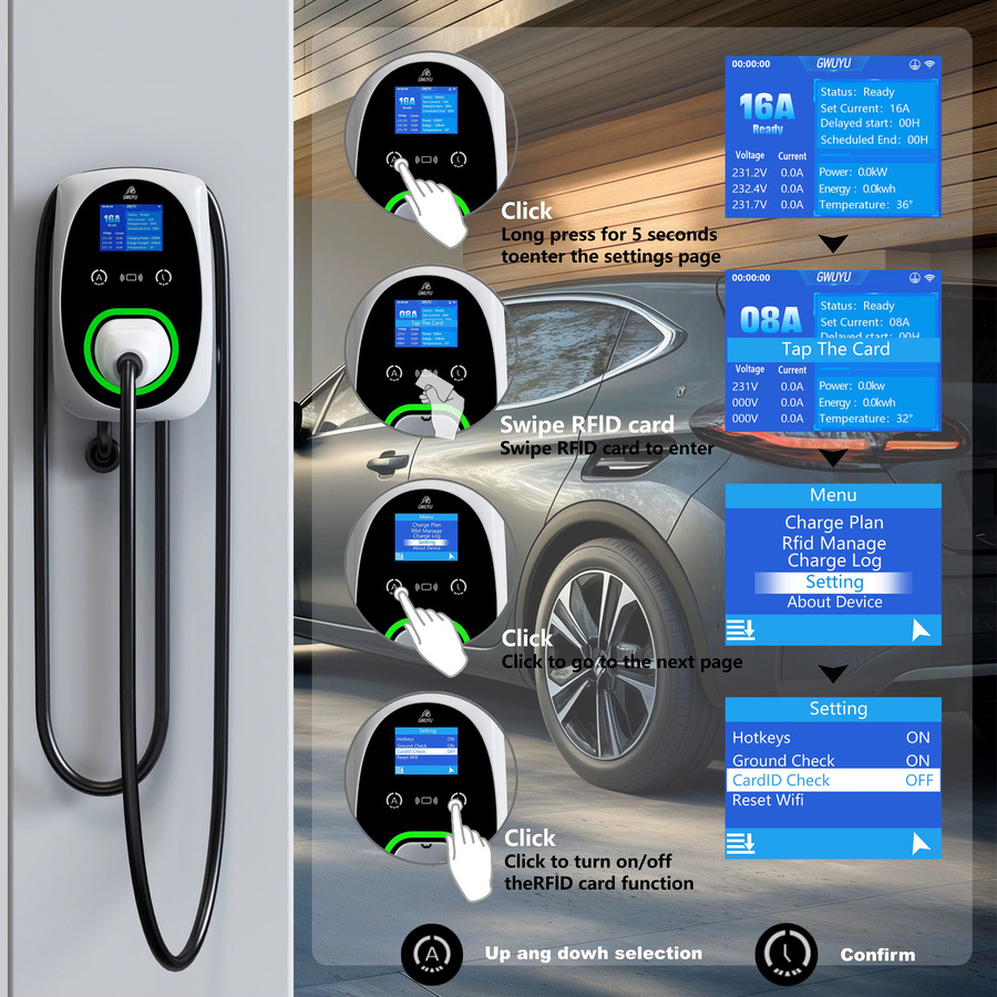 GWUYU Wandmontierte EV Wallbox Ladestation Typ2 mit 5m Kabel, 11kW 16A oder 22kW 32A, APP-Steuerung und LCD-Display, IP65 Wasserdicht, Farbe: Weiß - Bild 4