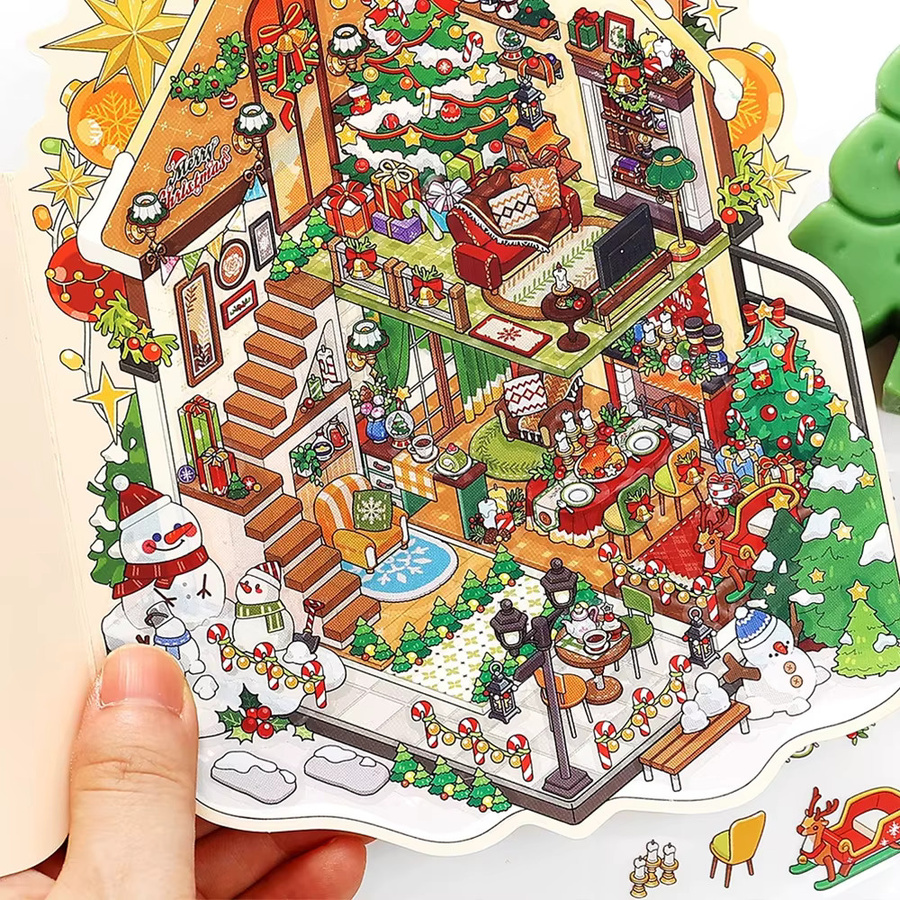 Weihnachten Miniatur Szene 3D Aufkleber mit niedlichen Cartoon Häusern für DIY Scrapbook und Handwerk, Mehrfarbig - Bild 2