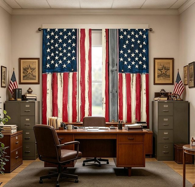 2er-Set digital bedruckte Vorhänge mit amerikanischer Flagge im Vintage-Stil, halbtransparent, B: 105 cm, H: 230 cm pro Panel - Bild 1