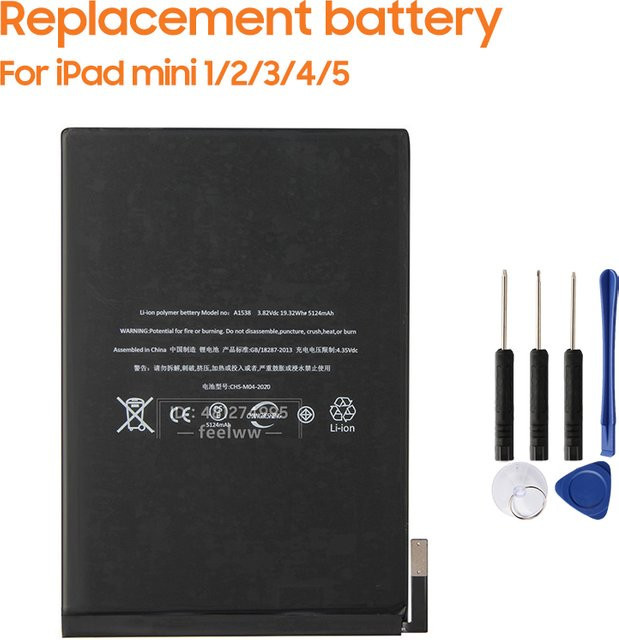 Ersatzakku für Apple iPad mini 1, 2, 3, 4 und 5 (Modelle A1454, A1455, A1490, A1445, A1512, A1538, A2114), Farbe: Schwarz - Bild 1