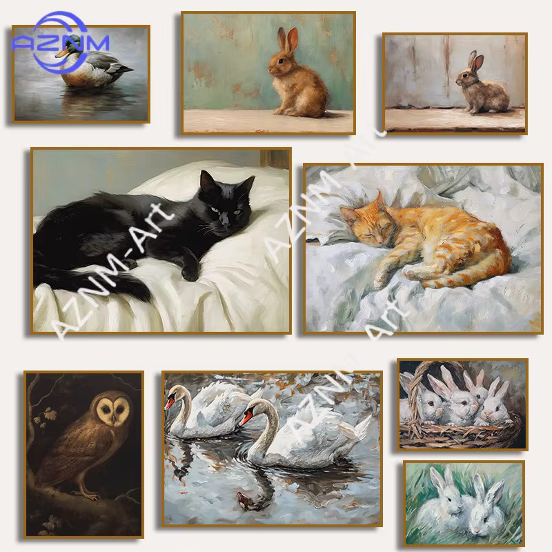 KAYOU Vintage Tier-Poster als Leinwanddruck mit Osterhase, Katzen, Schwänen, Ente und Eule in Multicolour zur Wanddekoration - Bild 2