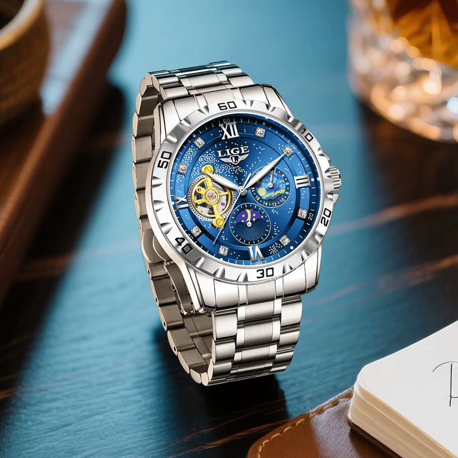 LIGE Armbanduhr Automatik, Edelstahl, Blau, Herren - Bild 4