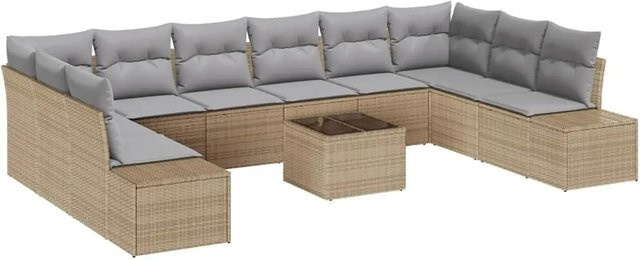 vidaXL Garten-Sofa-Set 11-tlg. in U-Form aus Poly-Rattan mit Kissen in Beige-Grau - Bild 1