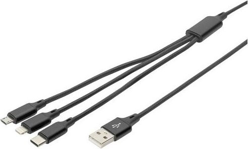 Digitus 3-in-1 USB-Ladekabel in Schwarz mit USB-A, USB-C, Lightning und Micro-USB Steckern - Bild 1