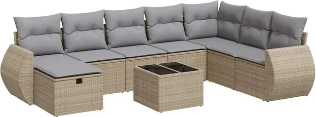 vidaXL 9-tlg. Garten-Sofagarnitur in L-Form aus Poly-Rattan mit Kissen und Couchtisch in Beige und Grau - Bild 1