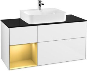 V&B Waschtischunterschrank Finion in Weiß lackiert mit Regal links und Goldgriffen, Breite: 120 cm, Tiefe: 50,1 cm, Höhe: 50,1 cm - Bild 1