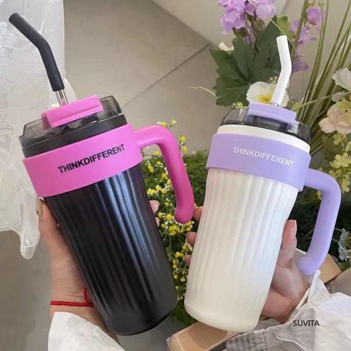 SUVITA Edelstahl-Thermo-Wasserflasche mit Strohhalm, isolierte Vakuumflasche für Heiß- und Kaltgetränke, 860 ml, Blau und Schwarz - Bild 1