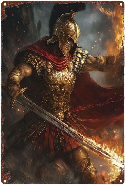 HELLOYOUNG Warrior Flame Gold Armor Metallschild, Rustikale Wandkunst im Vintage-Stil, B: 20,3 cm, H: 30,5 cm - Bild 1