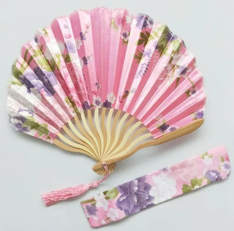 Faltbarer Kimono-Fächer im Vintage-Stil mit floralem Muster und passender Tasche, Farbe: Rosa - Bild 1