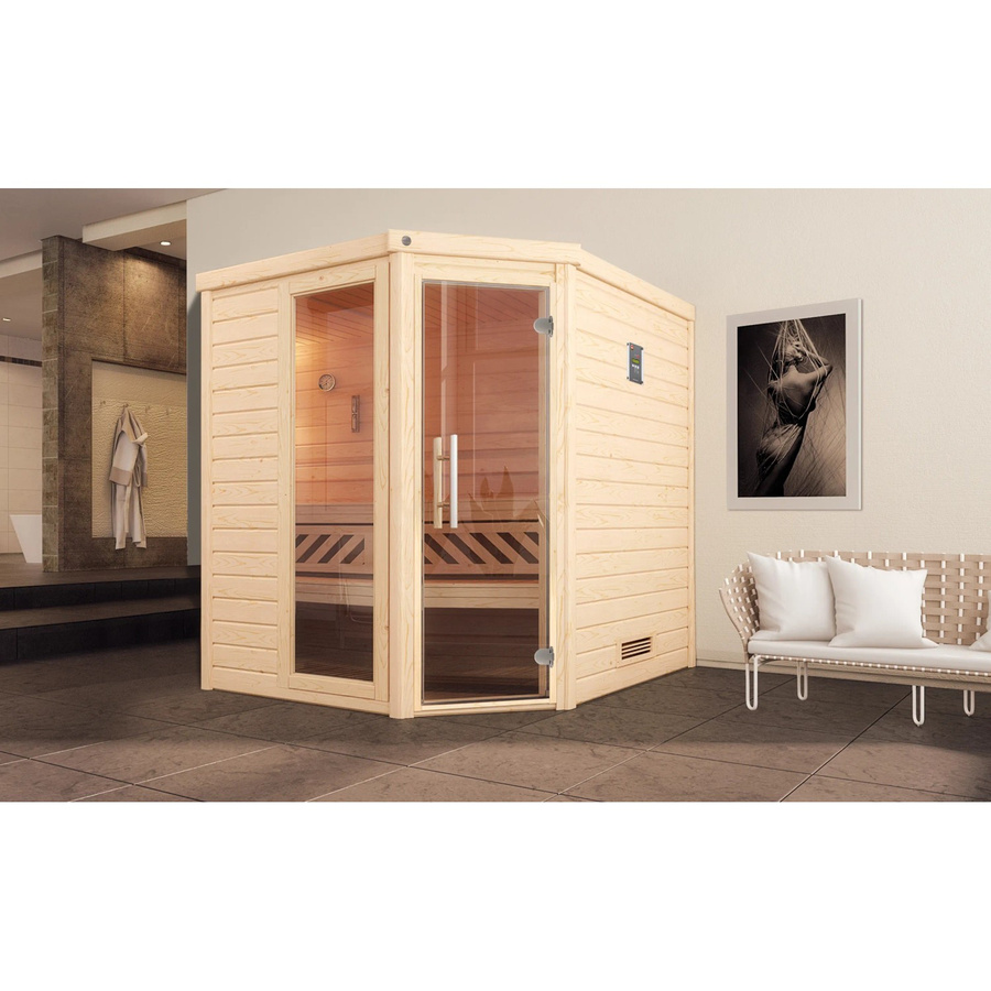 WEKA Ecksauna Turku 2 in Beige mit Glastür und Fenstern B/H/T: 195 x 205 x 195 cm - Bild 2