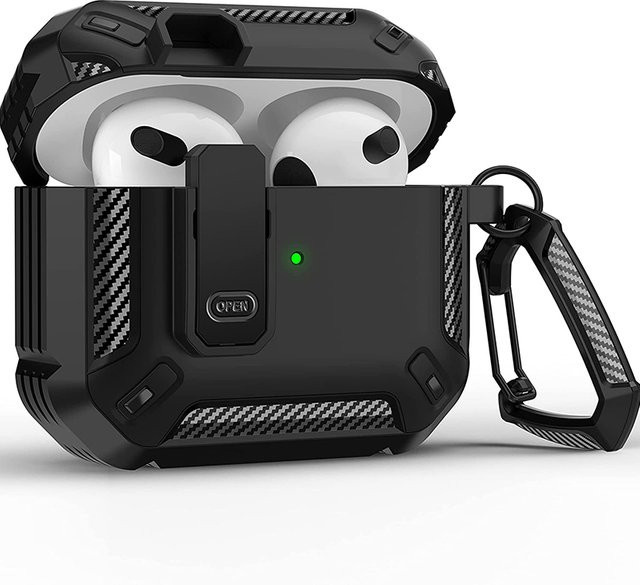 Stoßfeste Carbon Faser Schutzhülle mit Schlüsselbund für Apple AirPods Pro 2, AirPods 3 und AirPods 1 in Schwarz und Gelb - Bild 1