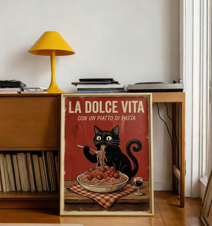 Retro Poster La Dolce Vita Schwarze Katze mit Pasta Wandbild aus Papier in Schwarz und Multicolour - Bild 3