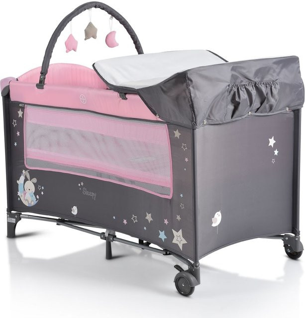 Moni Reisebett Sleepy mit Rollen, Wickelauflage, Matratze und Spielbogen in Grau und Pink - Bild 1