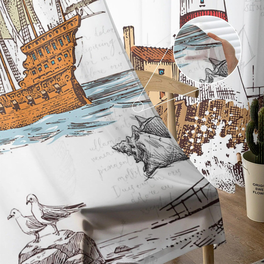 Transparente Voile Tüll Gardine mit Retro Leuchtturm und Segeln im Nautical Design, Breite: 135 cm, Höhe: 114 cm - Bild 4