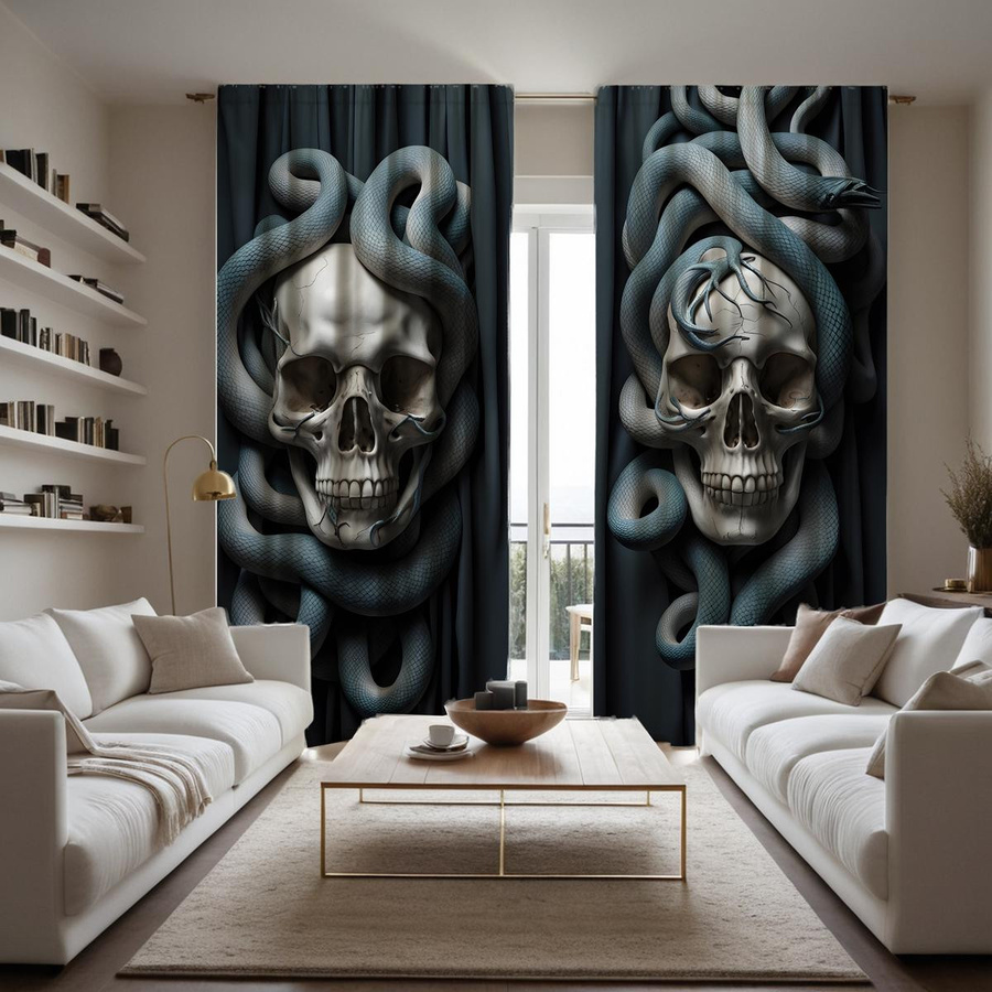 2er-Set dekorative Vorhänge mit Schlange und Totenkopf-Motiv in Schwarz, B: 132 cm, H: 160 cm - Bild 2