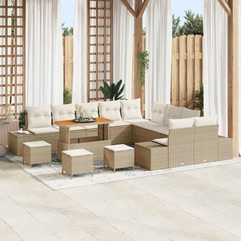 Vidaxl Polyrattan Garten-Sofa-Set mit 13-teiligem Kissen-Set in Beige und Creme, moderne Loungemöbel aus Rattan und Stahl, B/T/H: 110 x 55 x 71 cm - Bild 1