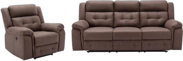 Vente-unique Couchgarnitur Ortiano in Braun mit 3-Sitzer und Relaxsessel aus Mikrofaser und Kunstleder im Vintage-Stil, Breite: 223 cm, Breite Sessel: 103 cm - Bild 1