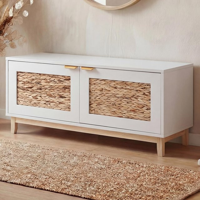 MCW Sitzbank P54 als Garderobenbank und Schuhregal mit Wasserhyazinthefront, Weiß, B/T/H: 100 x 45 x 42 cm - Bild 1