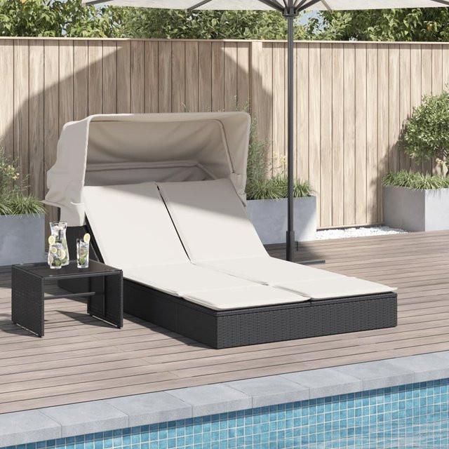 vidaXL Doppel-Sonnenliege aus Polyrattan mit Sonnendach und Auflagen, Schwarz, B/T/H: 236 x 110 x 102 cm - Bild 3