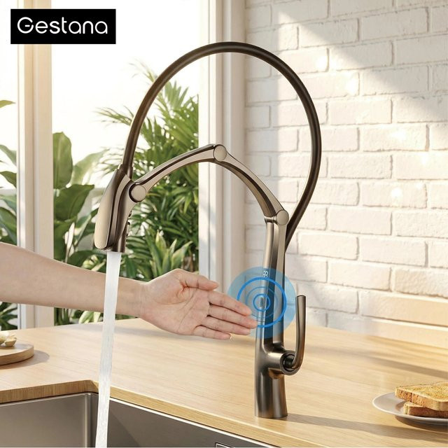 Gestana Küchenarmatur aus Messing in Gunmetal mit LED-Anzeige, Sensor und ausziehbarem 3-Funktionsspray, berührungsloser Hochdruck-Wassersparhahn - Bild 1