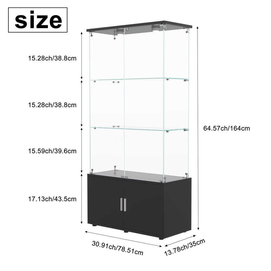 Simurq Glasvitrine in Schwarz mit LED-Beleuchtung, 4 Glastüren und abschließbarem Aufbewahrungsschrank, B/T/H: 35 x 78,51 x 164 cm - Bild 5