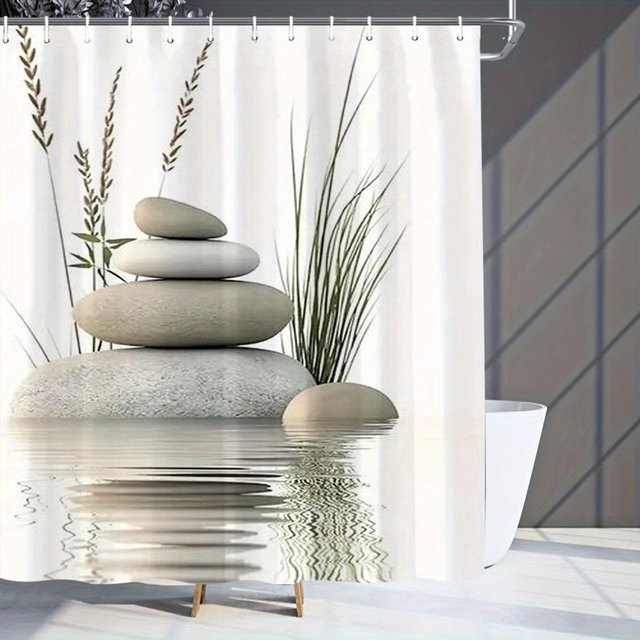 Dai Jiaochuan Duschvorhang Zen Stein Design in Grau und Weiß, wasserdicht und schimmelresistent, B/H: 60 x 190 cm - Bild 1