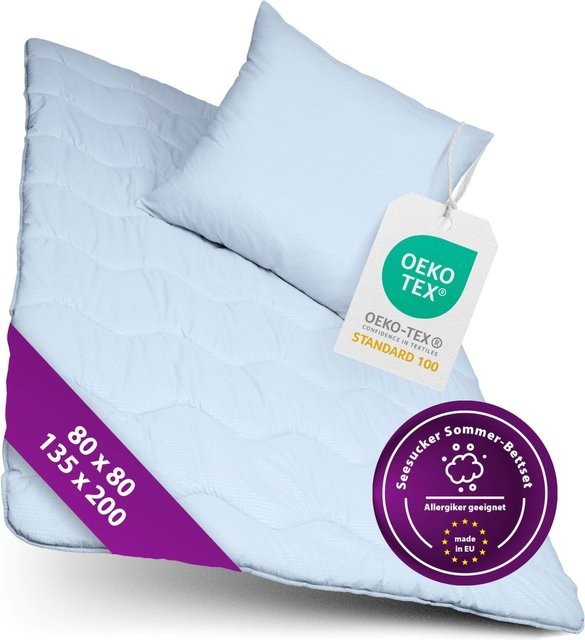 AddLiving Premium 2-in-1 Seersucker Betten Set in Blau mit Decke und Kissen ohne Bezug nötig, Decke B: 135 cm, H: 200 cm, Kissen B: 80 cm, H: 80 cm - Bild 1