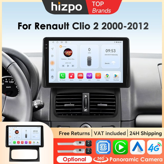 Hizpo 9 Zoll Multimedia Video Player für Renault Clio 2 (2000 - 2012) mit Android Auto, Carplay und GPS in Schwarz - Bild 1