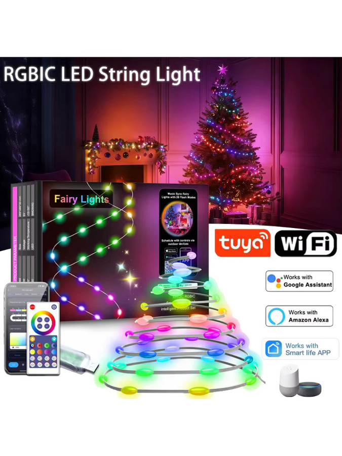 YSRSAI Tuya WIFI RGBIC LED Lichterkette mit USB, wasserdichte String Lights in Multicolor für Weihnachten, Hochzeit, Geburtstag und Party - Bild 5