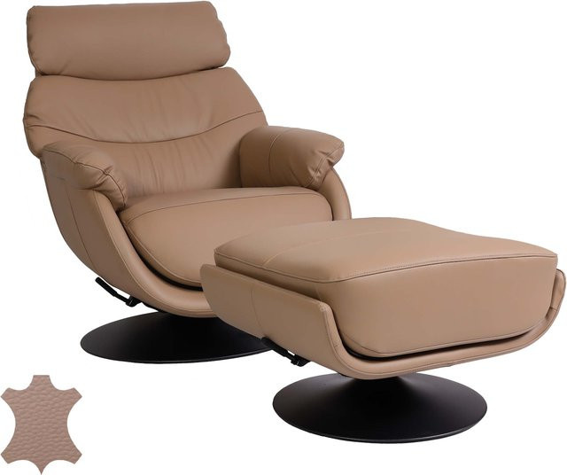 MCW Relaxsessel K99 mit Hocker in Beige, drehbar mit Wippfunktion und Metallgestell aus Kunstleder - Bild 1