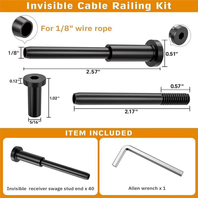 BAAJ Invisible Receiver Swage Stud Ends Kabelgeländer-Kit aus T316 Edelstahl in Schwarz, 40er-Pack für 2 x 2 Zoll Holz- oder Metallpfosten - Bild 5