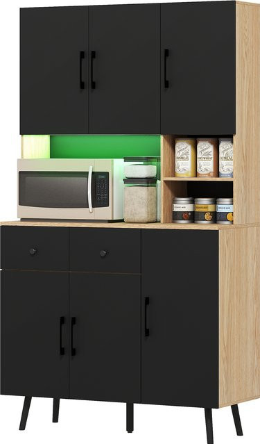 Aosom Küchenbuffet mit RGB-LED-Beleuchtung, modernes Küchenmöbel mit 6 Türen, 2 Schubladen und offenen Fächern, Farbe: Schwarz, B/T/H: 100 x 40 x 176 cm - Bild 1