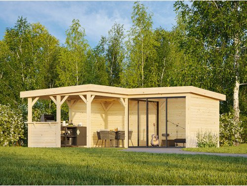 PALMAKO Pavillon Lenna Set 409 Slide aus Fichtenholz in Braun mit transparenten Alu-Schiebetüren und Eck-Tresenanlage, B/H/T: 588 x 245 x 588 cm - Bild 1