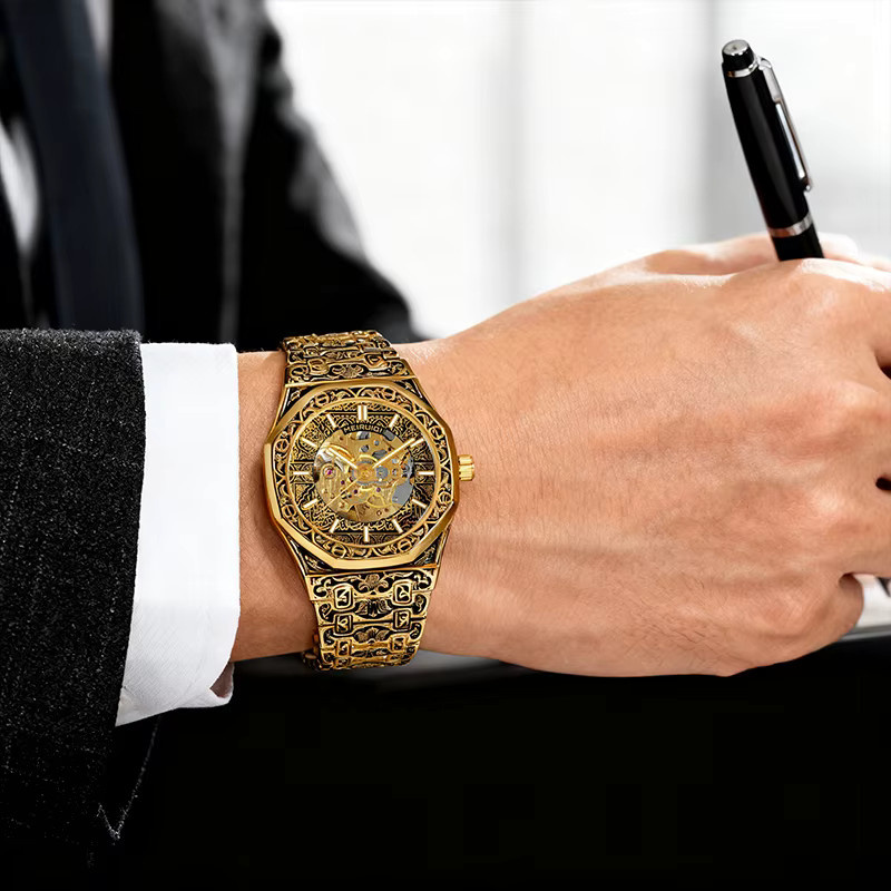 MEIRUIQI Armbanduhr Automatik, Edelstahl, Gold, Eckig, Herren - Bild 6