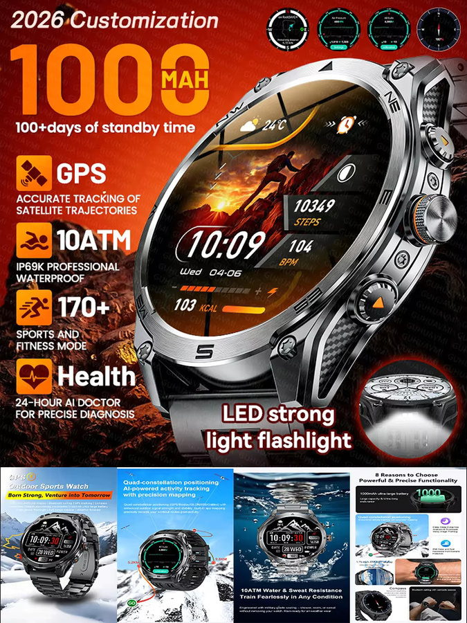 GUHUAVMI Smartwatch, Herren, Orange, GPS, 10 ATM - Bild 7