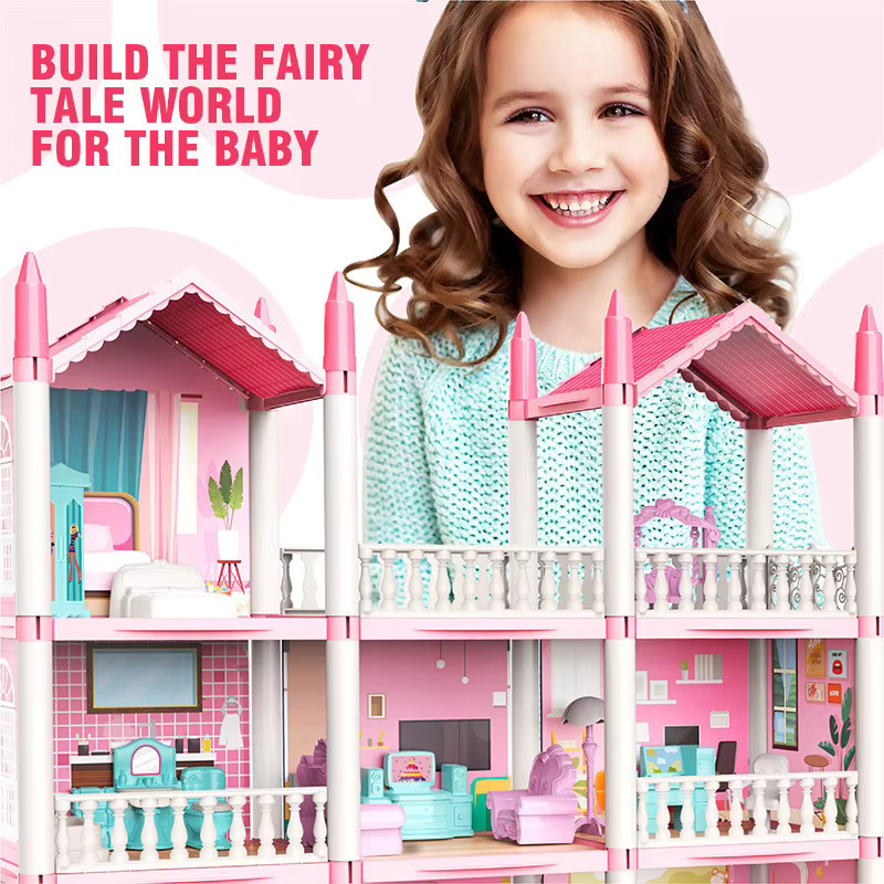 CONUSEA DIY Puppenhaus Villa Schloss Modell aus Kunststoff mit Zubehör in Rosa/Pink - Bild 2