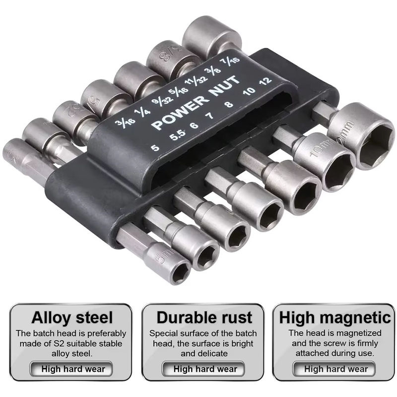 SLADE Hex-Buchsen-Set mit 9 Teilen, Hülsensatz für Mutternschrauber in Silber, Größen 5mm bis 13mm - Bild 2