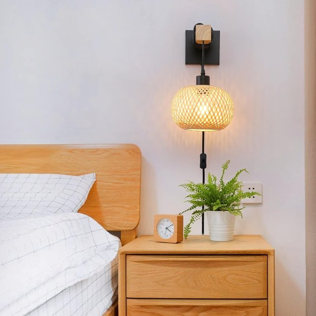 JOYINLED Farmhaus-Pendelleuchte aus Bambus und Rattan in Schwarz, rustikale Deckenlampe für Wohnzimmer, Schlafzimmer und Flur - Bild 1