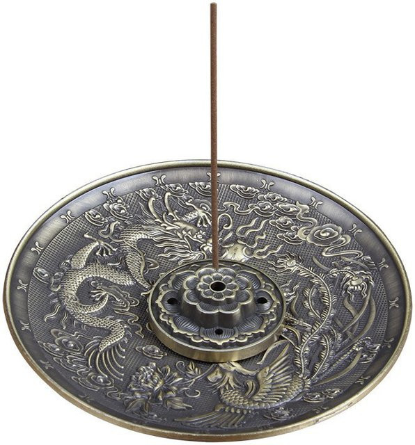 WHPHous Räuchertablett Drache und Phönix aus Bronze mit Zwölf Sternzeichen als Räucherstäbchenhalter und Räuchergefäß in Antik-Optik - Bild 1