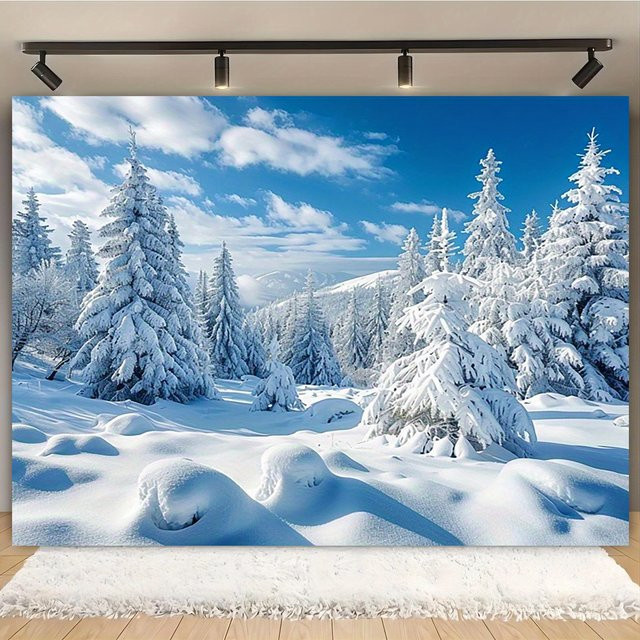 VIKAMA Wandteppich Winter Märchen Zeder Schnee Landschaft im nordischen Stil, Blau, Rechteckig - Bild 1