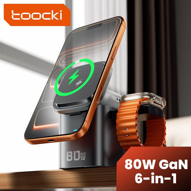 Toocki 80 W 6-in-1 GaN Ladestation mit 15 W MagSafe, 65 W PD und integriertem 60 W Kabel für iPhone und MacBook - Bild 1