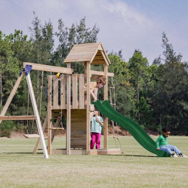Axi Spielturm Moos mit Doppelschaukel Braun und Rutsche Grün - Bild 1