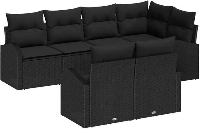 vidaXL Garten-Sofa-Set aus Polyrattan in Schwarz, 7-teiliges U-Shape Lounge-Set mit Kissen und Polstern - Bild 1