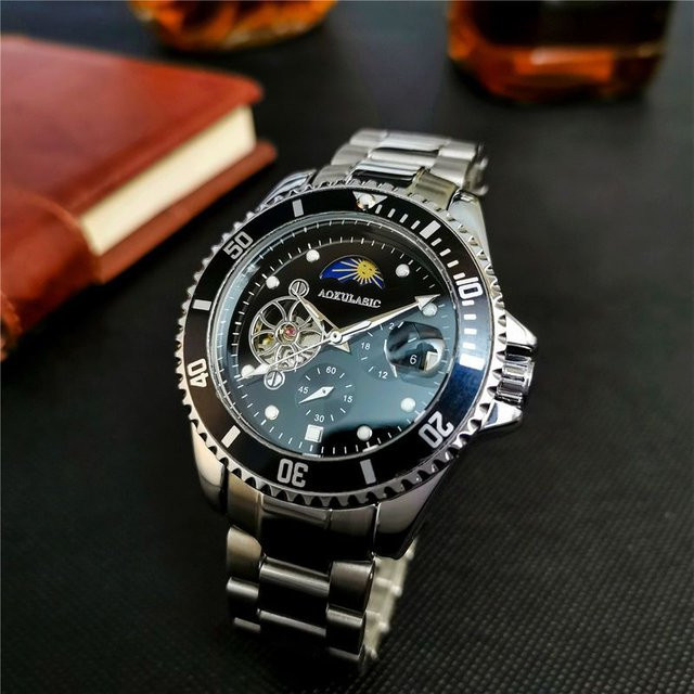 AOKULASIC Armbanduhr Automatik, Tourbillon, Mondphase, Edelstahl, Herren - Bild 1
