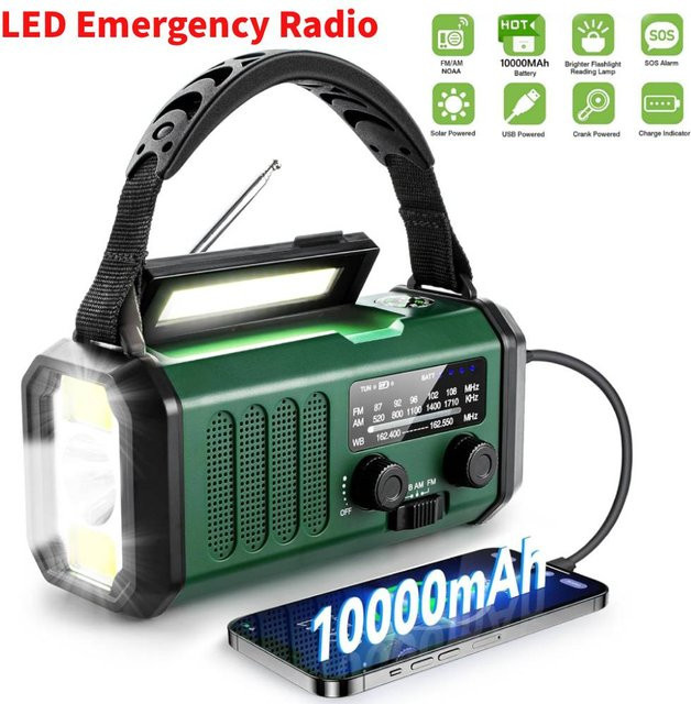 ALLOET LED-Notfall-Powerbank 10000mAh mit Solar-Radio, Taschenlampe, Leselampe und Kompass in Grün mit USB-C-Ladung - Bild 1