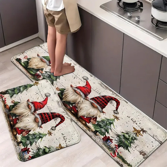 VIKAMA 2-teiliges Weihnachtsteppich-Set mit weißbärtigem Weihnachtsmann, rutschfeste Küchenmatte und Fußmatte für deine festliche Heimdekoration - Bild 1