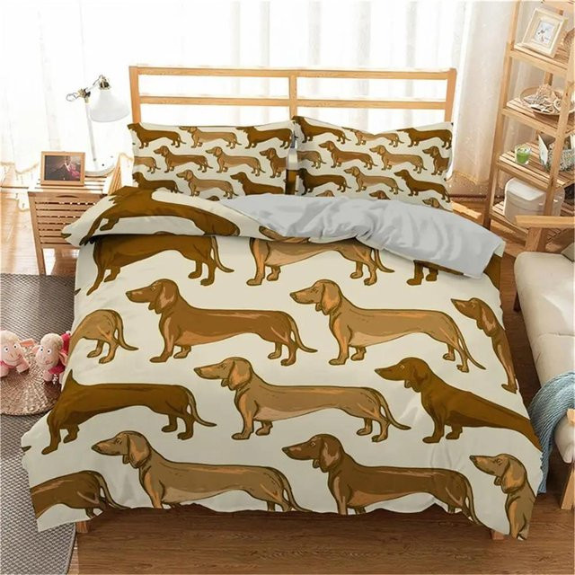 Bettwäscheset Your Warm Home mit Cartoon-Dackel-Print, 3-teiliges Set aus Polyester in Beige, B/H: 228 x 228 cm mit 2 Kissen 50 x 70 cm - Bild 1